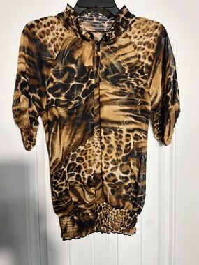 Animal Print Short Sleeve Blouse in Brown & Black